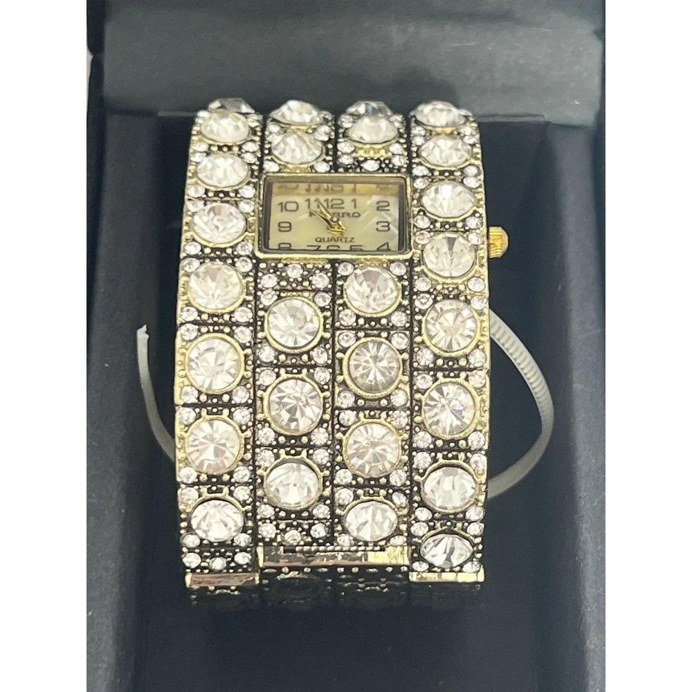FIGARO Couture Women's Gold Tone Crystal Cuff‎ Bangle Wristwatch Untested w/ Box